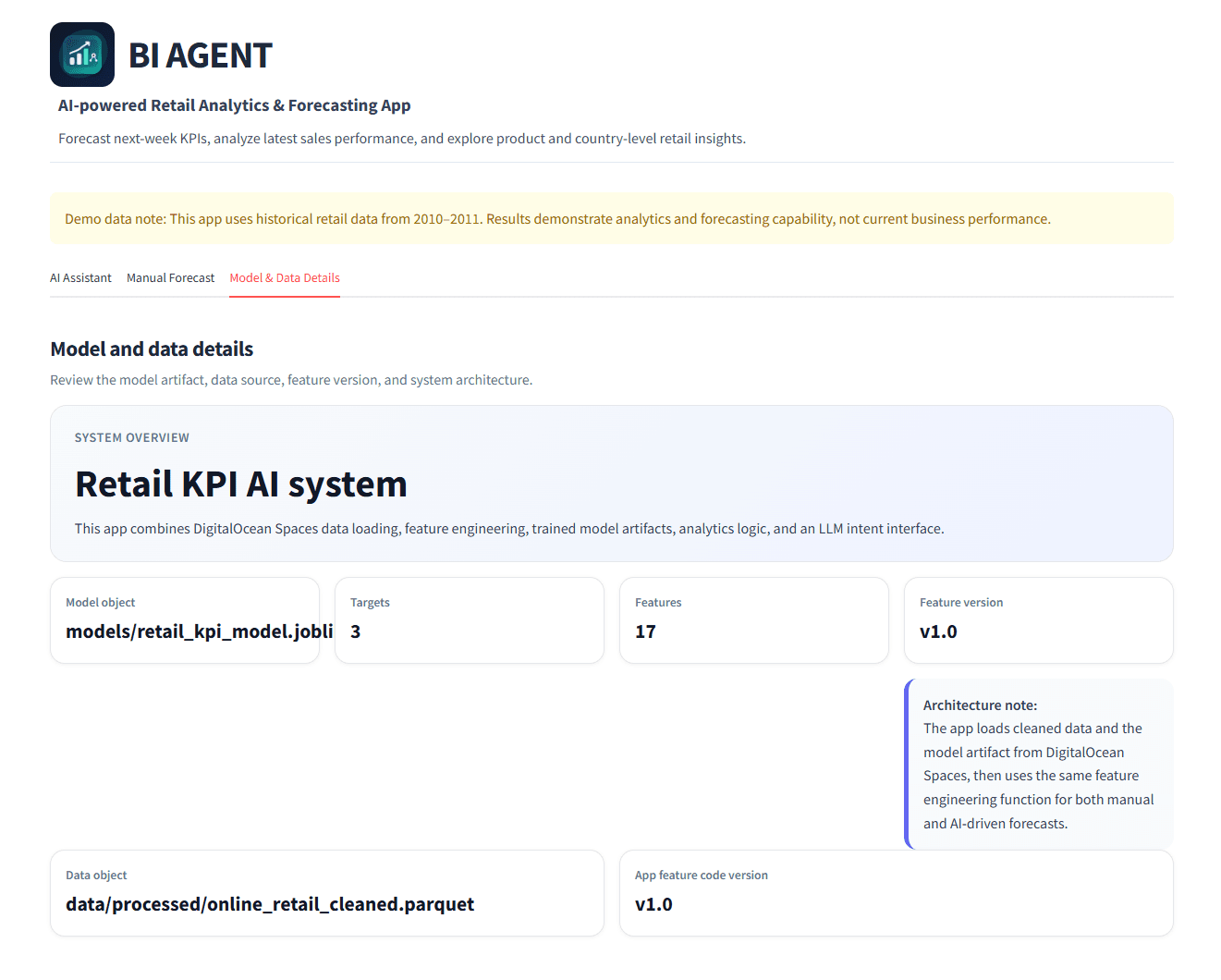 BI Agent model and data architecture details interface