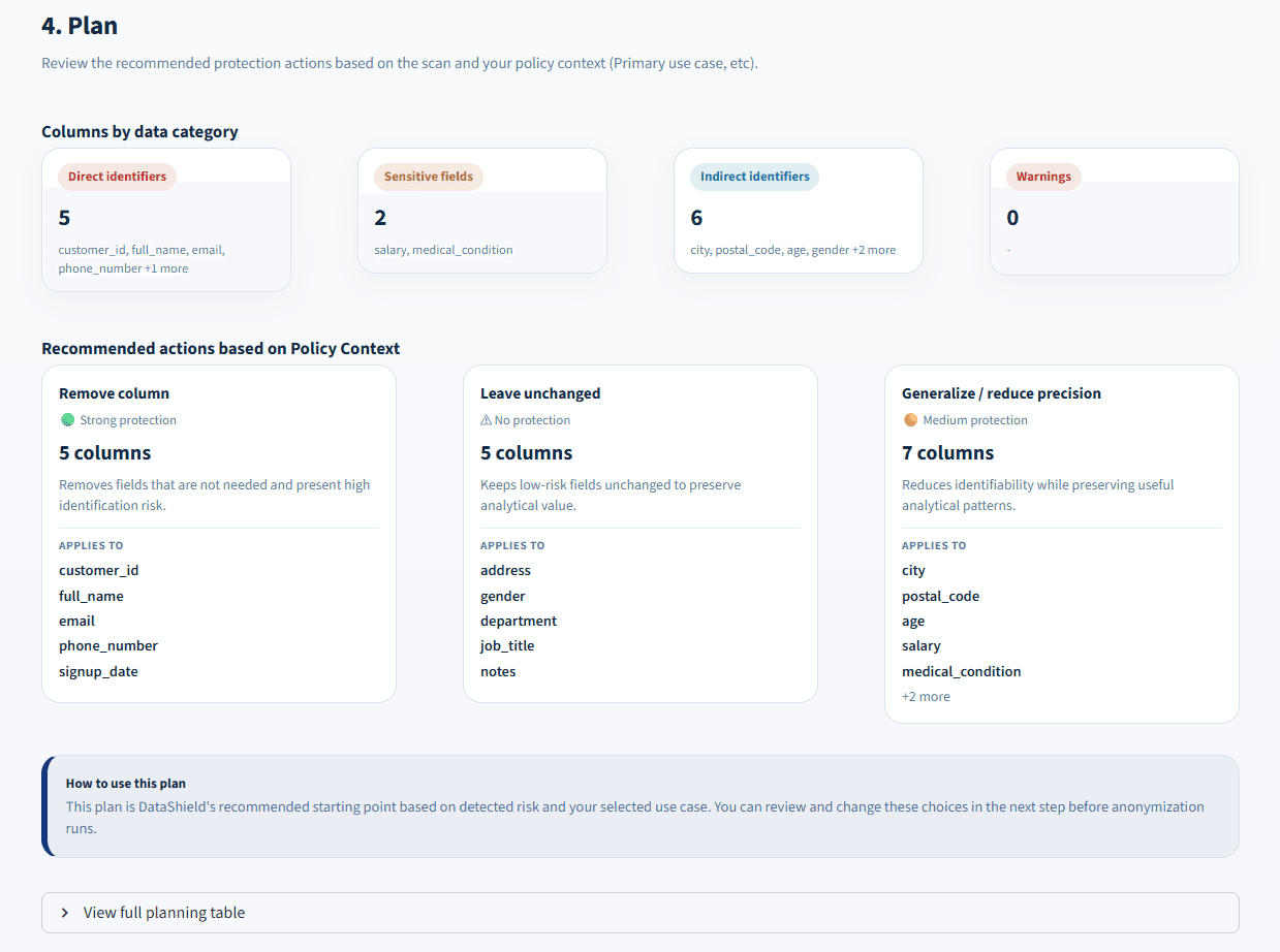 DataShield detection and anonymization planning interface