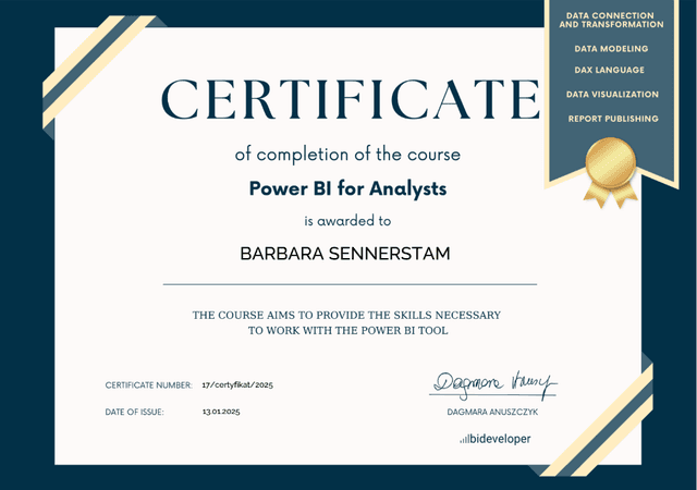 Power BI course completion certificate