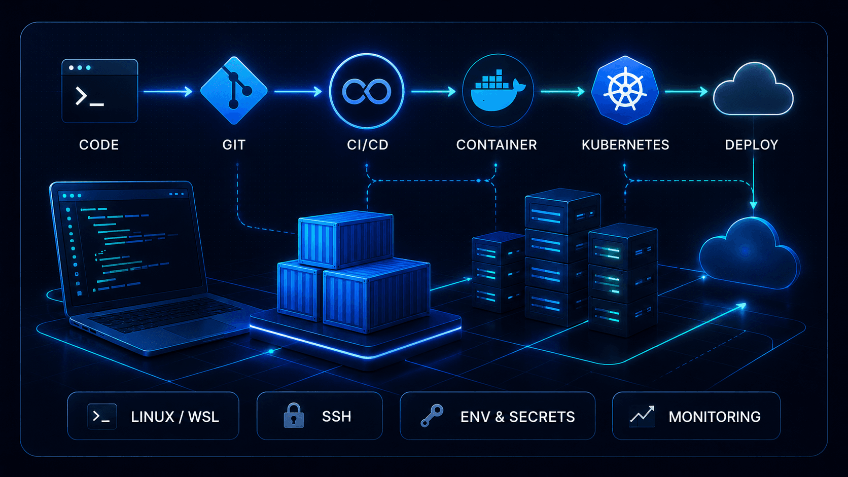 Dark technical illustration of a DevOps and MLOps workflow connecting code, Git, CI/CD, containers, Kubernetes, and deployment.