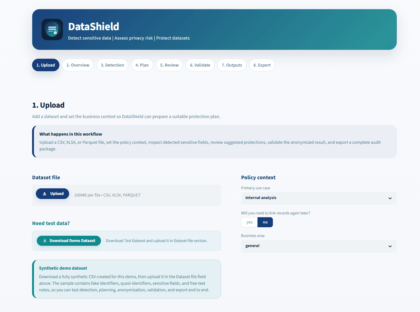 DataShield upload screen showing dataset upload, policy context, and synthetic demonstration data