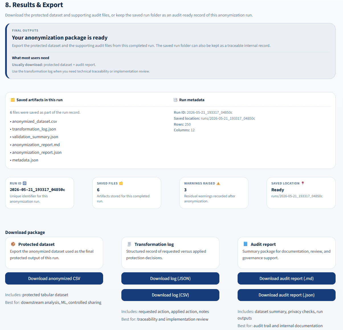 DataShield results and export screen showing protected dataset, transformation logs, audit reports, and saved run files